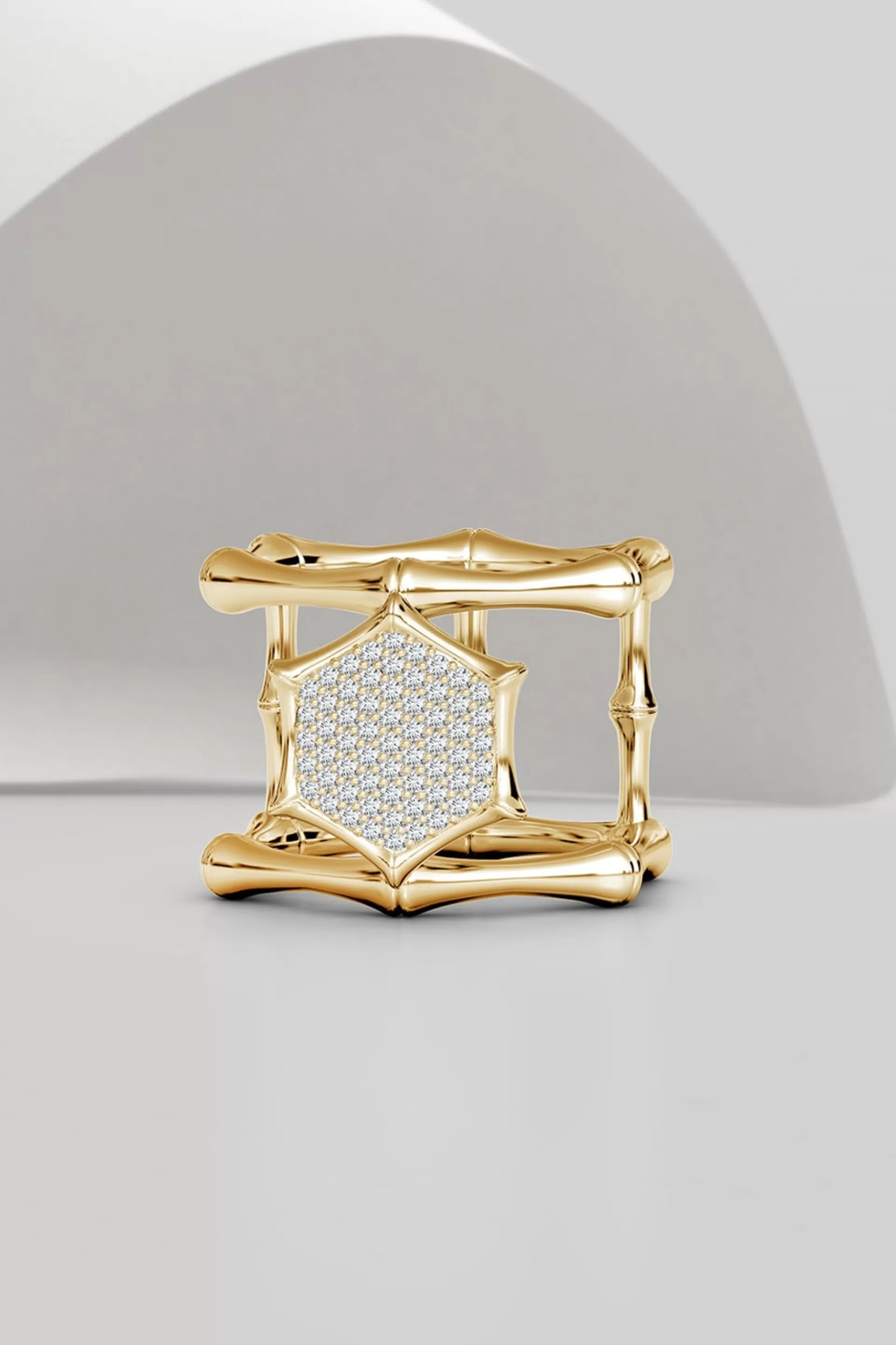 Natori Rings | Indochine<Indochine 14k Pave Diamond Hexagon Center Double Bamboo Band Cocktail Ring 14K Yellow Gold